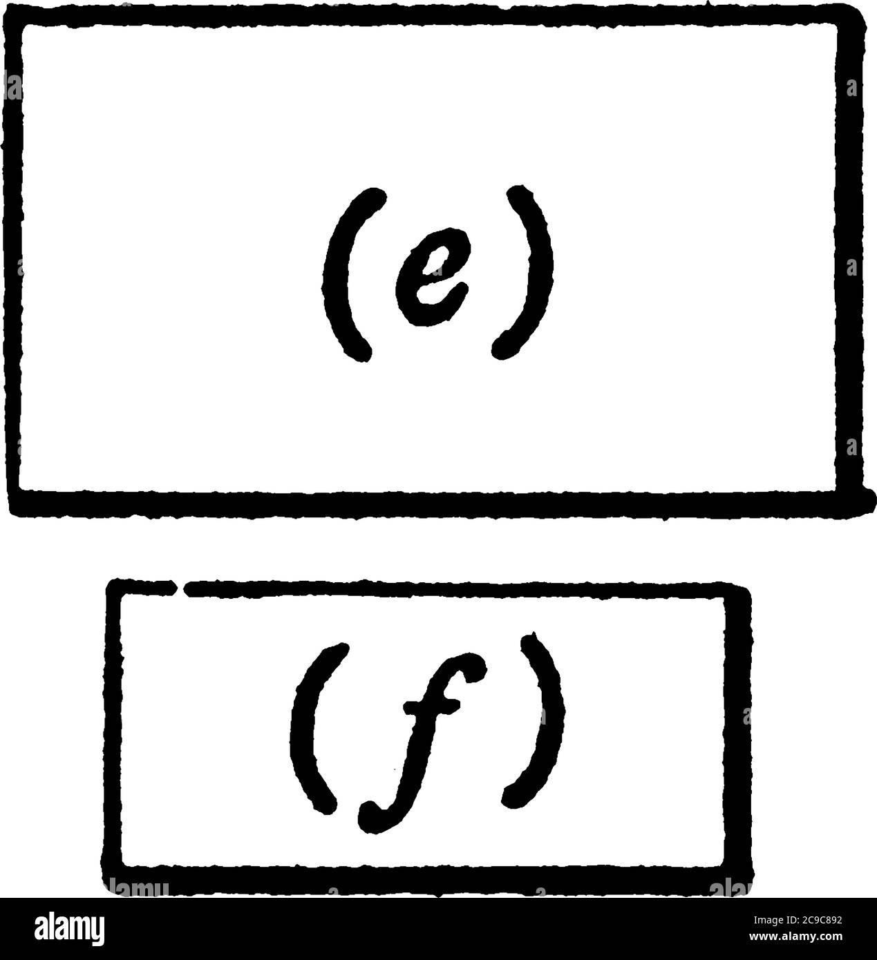 Deux blocs rectangulaires un petit et un grand avec le nom (e) et (f) écrit dessus, dessin de ligne vintage ou illustration de gravure. Illustration de Vecteur