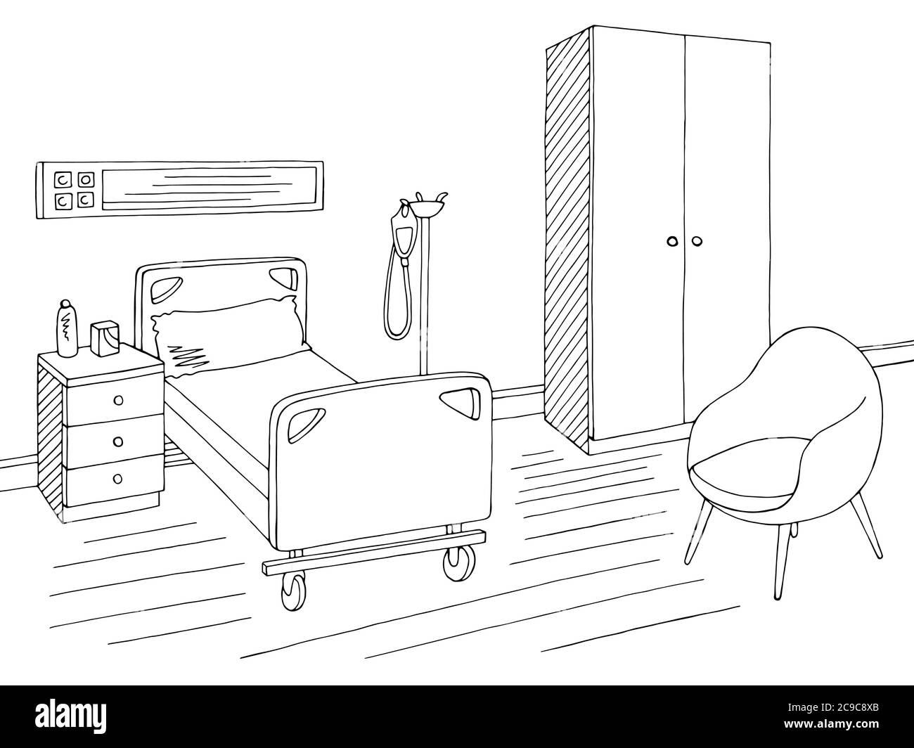 Schéma d'illustration de l'intérieur noir blanc du graphique de l'hôpital Illustration de Vecteur