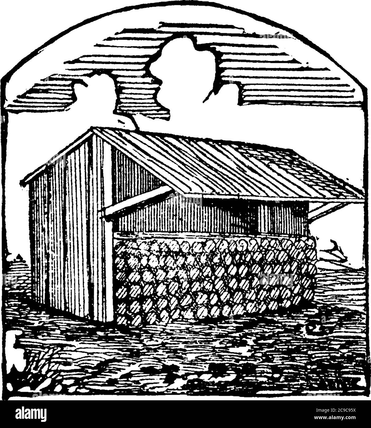 Une maison de bois pour stocker le bois, le dessin de ligne vintage ou l'illustration de gravure. Illustration de Vecteur