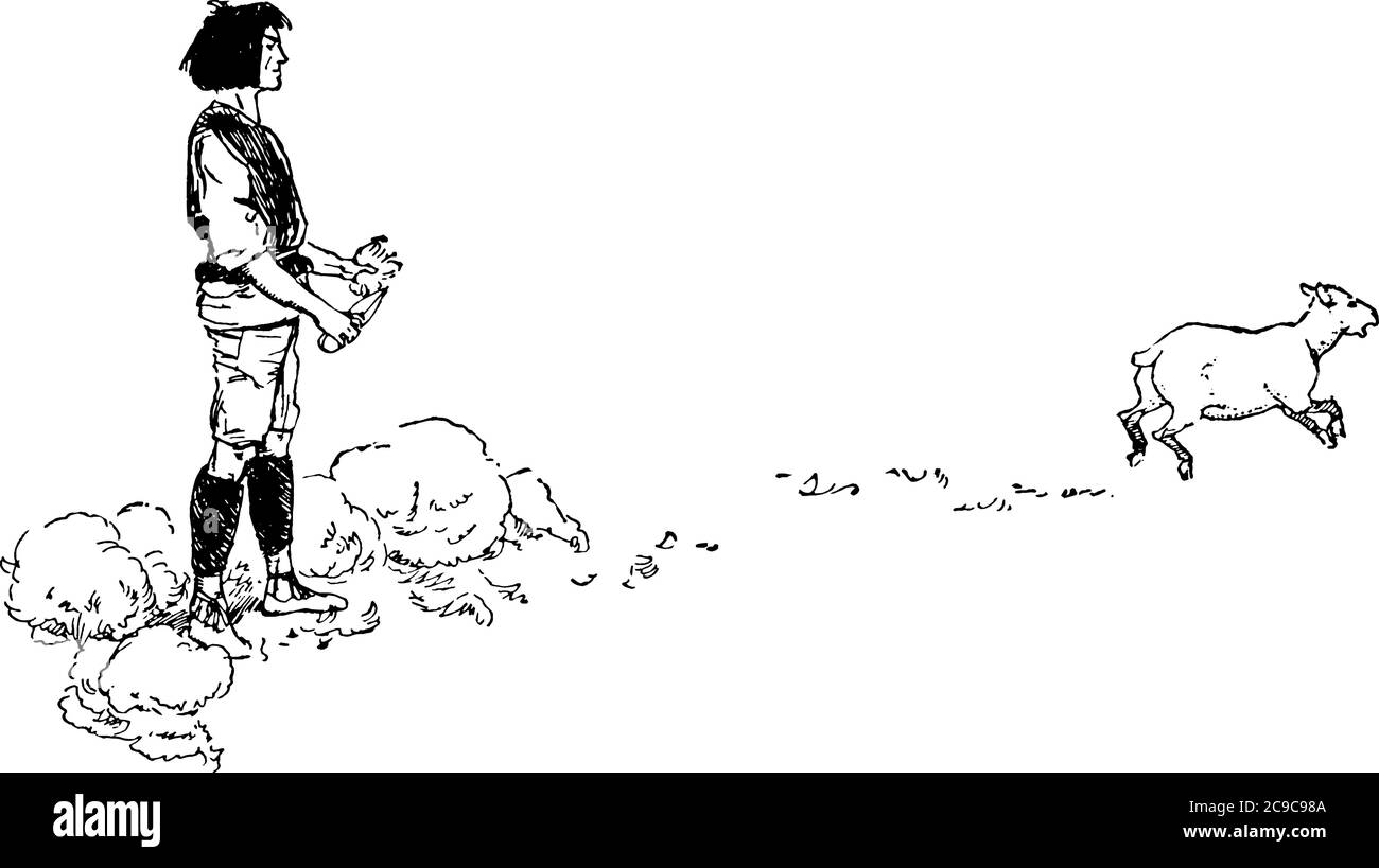 L'image représente un mouton cisaillé s'éloignant du berger, un dessin de ligne vintage ou une illustration de gravure. Illustration de Vecteur