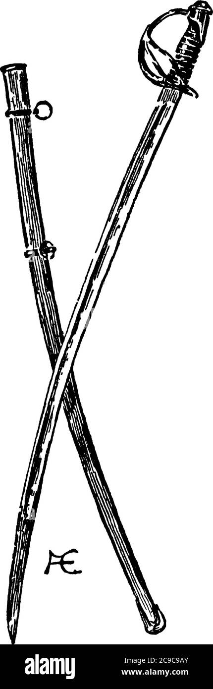 Sabre et gaine, une longue courbe et lame avec arme à tranchant, utilisé par les Américains, dessin de ligne vintage ou illustration de gravure. Illustration de Vecteur