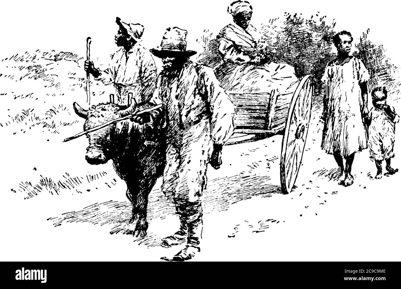Cette figure illustre les agriculteurs afro-américains voyageant avec leur chariot tiré à cheval. Un homme est dans le wagon d'autres voyagent à pied, passant t Illustration de Vecteur
