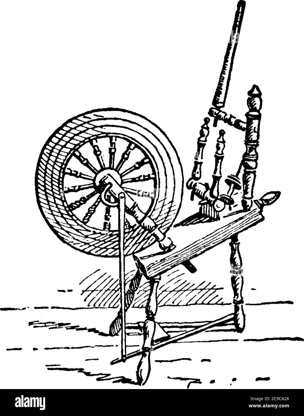 Une roue de rotation a été introduite pour la première fois en Inde en 500 A.D. c'est un dispositif qui est utilisé pour la rotation du fil à partir de fibres naturelles. Il se compose d'un wh Illustration de Vecteur