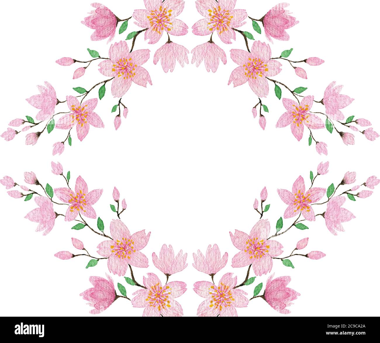 couronne de fleur de cerisier au printemps, motif de fleur de sakura aquarelle pour les voeux, cartes, fête des mères, motif de pâques Banque D'Images