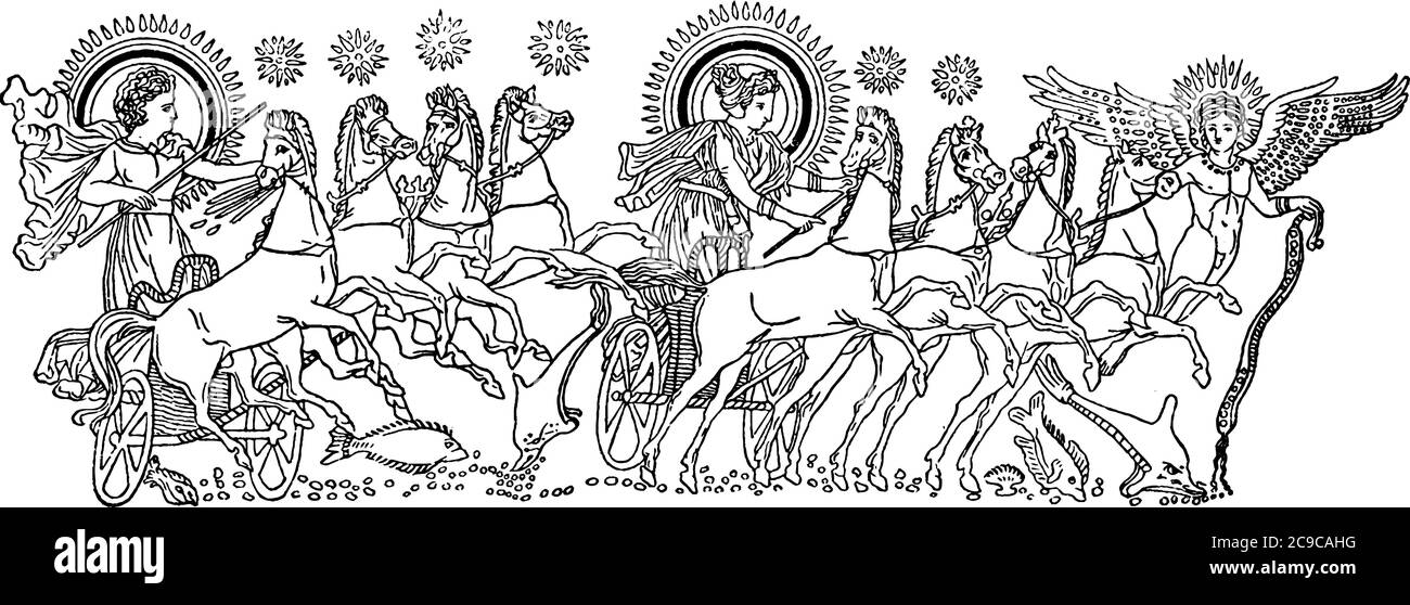 EOS, (grec), Aurora romain, et soeur d'Helios, dans la mythologie gréco-romaine, la personnification de l'aube. Ici, phosphore, EOS et Helios Illustration de Vecteur