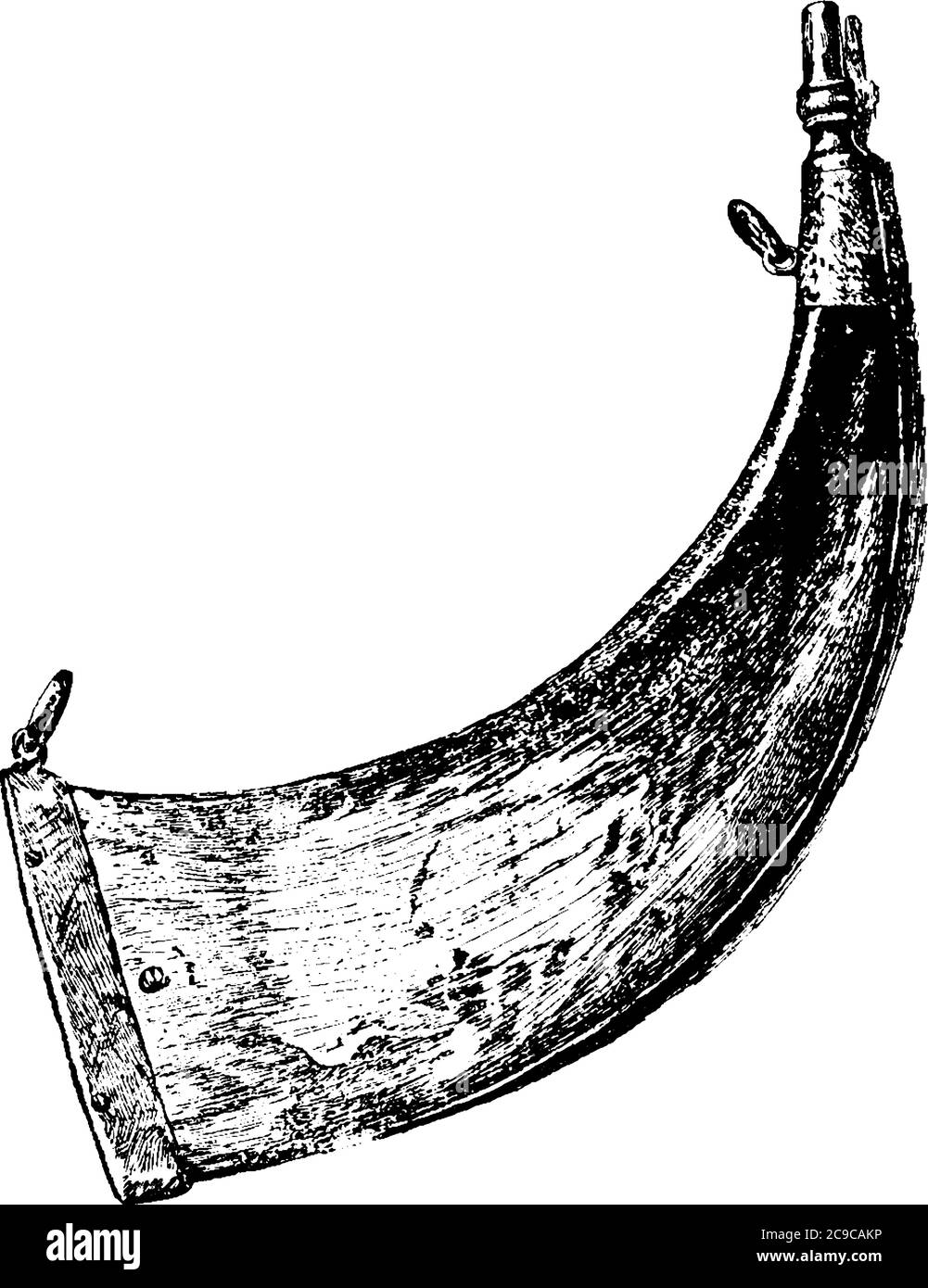 Une représentation typique de la corne de poudre, un ballon de poudre fait à partir de la corne des animaux, habituellement à partir d'un boeuf ou d'une vache, un dessin de ligne vintage ou un gravin Illustration de Vecteur