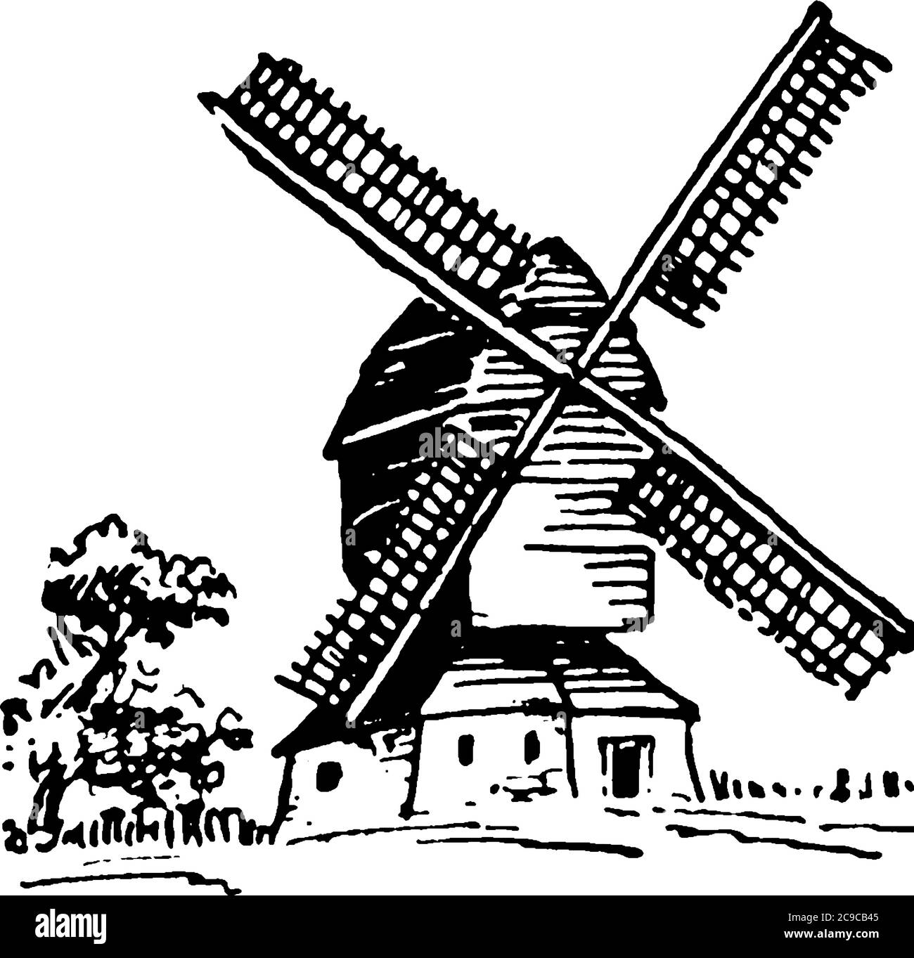 Moulin, un moulin qui convertit l'énergie du vent en énergie rotationnelle au moyen d'ailettes appelées lames, dessin de ligne vintage ou illustr de gravure Illustration de Vecteur