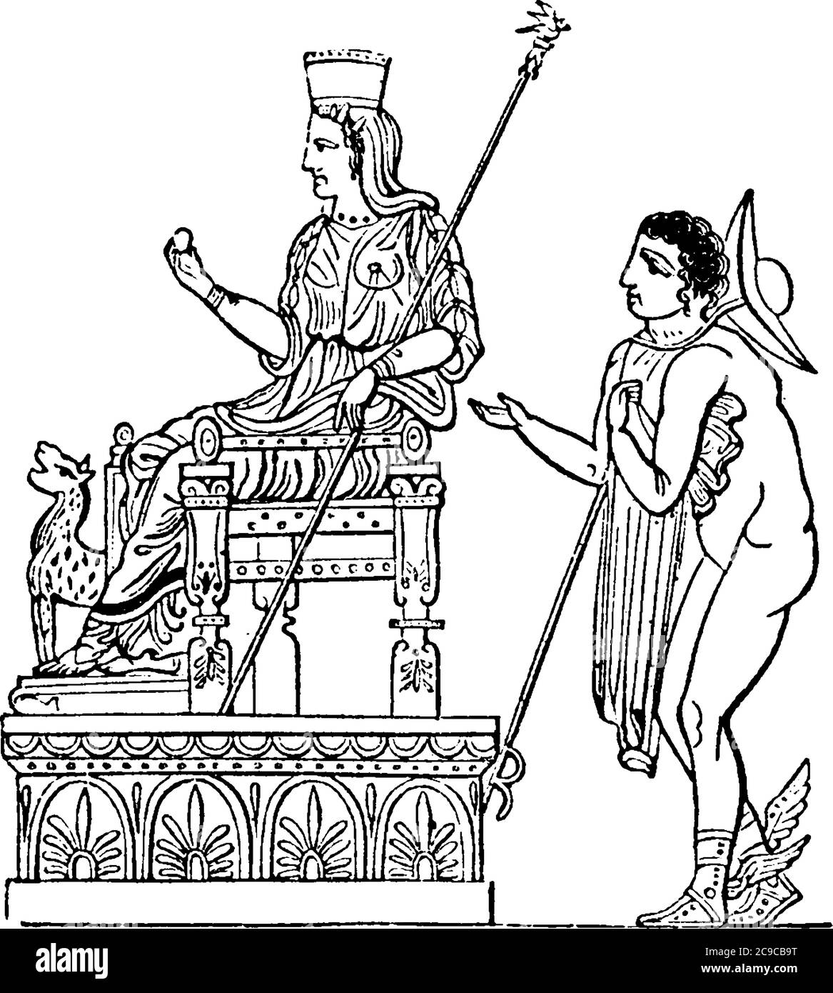Le bois coupé d'un vase fictile dans le Museo Borbonico à Naples, représente Juno assis sur un splendide trône, qui est élevé sur un sous-sol, vinta Illustration de Vecteur