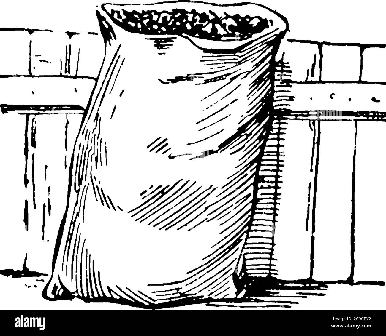 L'image représente un sac ouvert, tenant quelques grains, s'appuyant contre un mur, un dessin de ligne vintage ou une illustration de gravure. Illustration de Vecteur