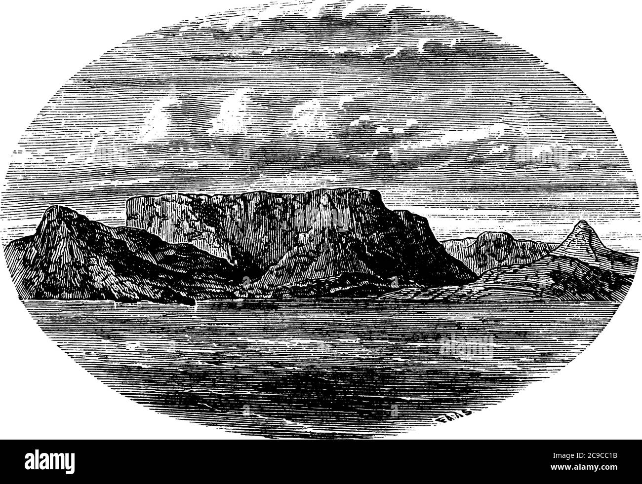 La montagne de table est une montagne en Afrique du Sud ayant la forme de la table et de la mer autour, dessin de ligne d'époque ou illustration de gravure. Illustration de Vecteur