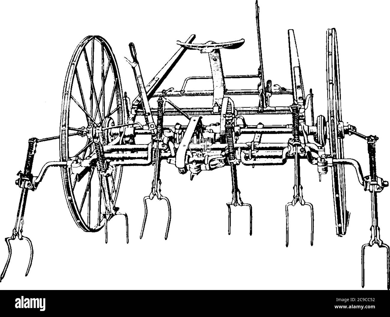 La faneuse est une machine équipée d'une série de petites fourches rotatives utilisées pour faire du foin à partir d'herbe cultivée pour le fourrage, le dessin de ligne vintage ou la gravure i. Illustration de Vecteur