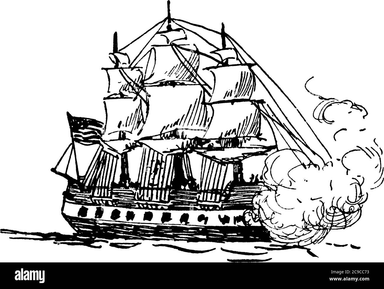 Une représentation typique d'un navire, un grand bateau pour transporter des personnes ou des marchandises par mer, la voile sur la mer, le dessin de ligne vintage ou la gravure illust Illustration de Vecteur