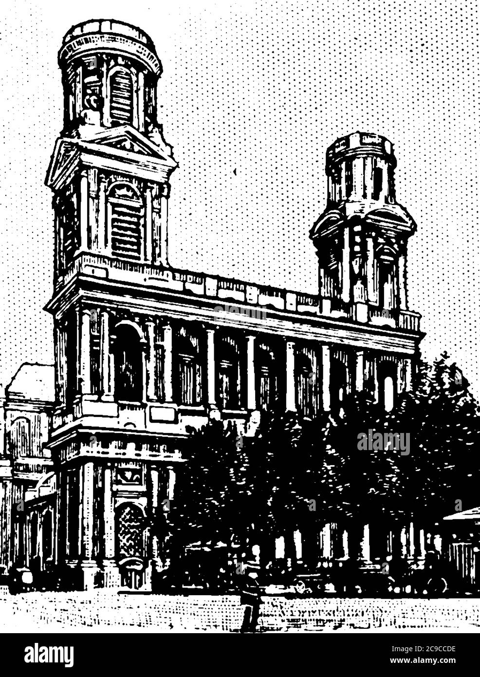 C'est une image d'une célèbre église de Paris, la célèbre église de Paris est montrée en image, ayant des arbres qui l'entourent, dessin de ligne d'époque ou gravure, vint Illustration de Vecteur
