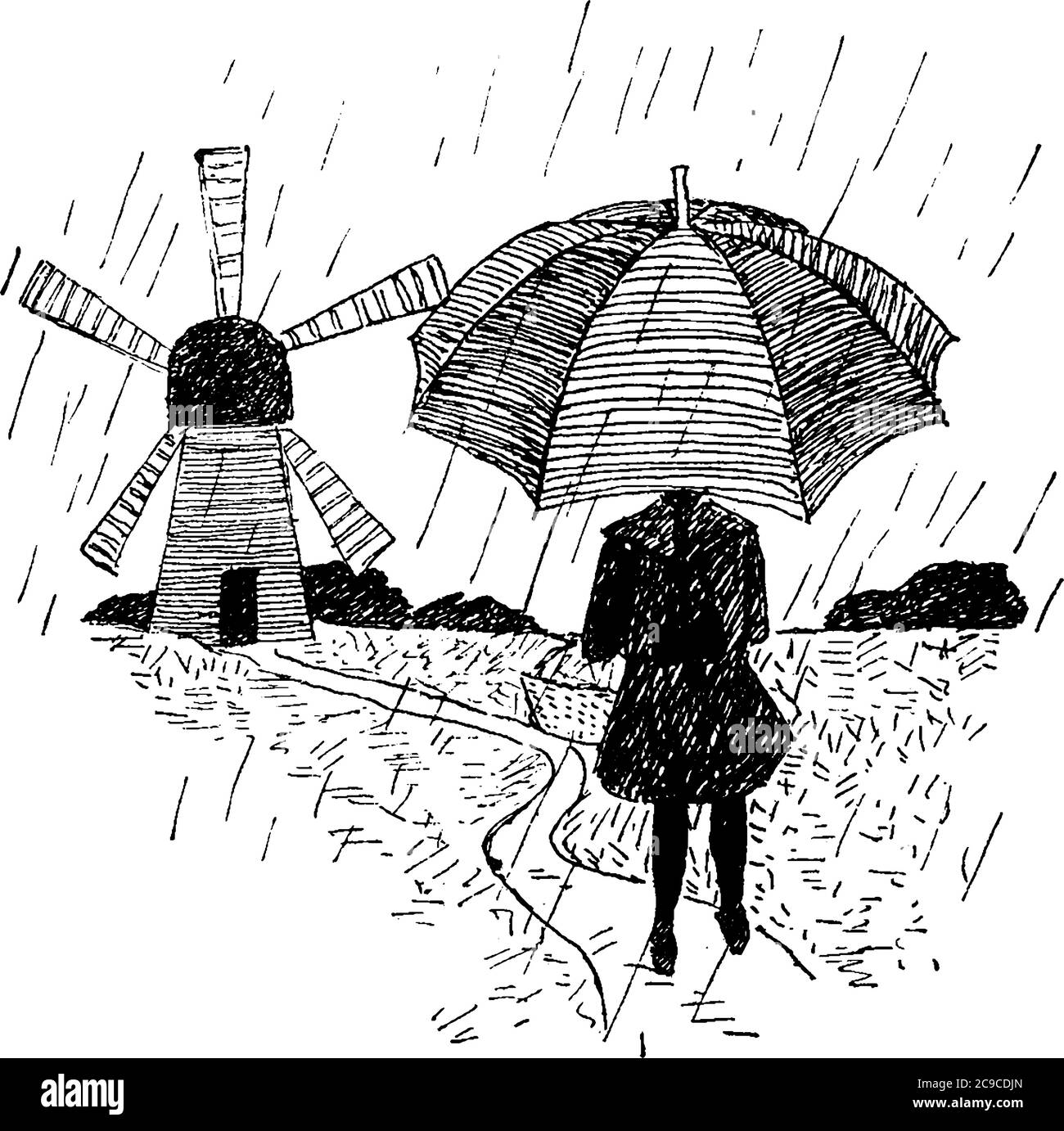 Une fille tenant un parapluie et marchant dans un champ de ferme plus près d'un moulin à vent dans un jour pluvieux, UN moulin à vent est un moulin qui convertit l'énergie du vent en Illustration de Vecteur