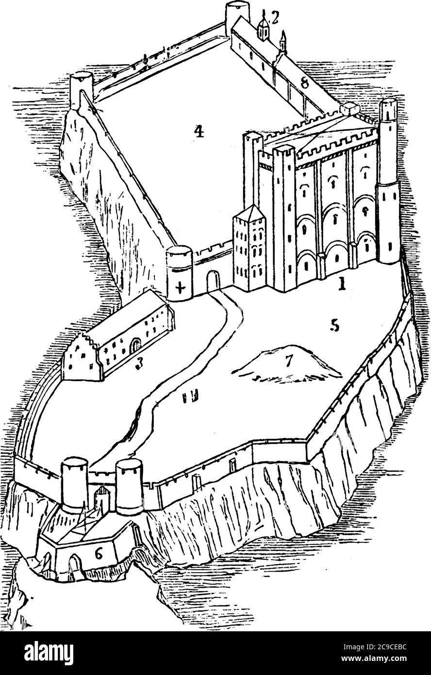 Château normand, dessin de ligne d'époque ou illustration de gravure. Illustration de Vecteur