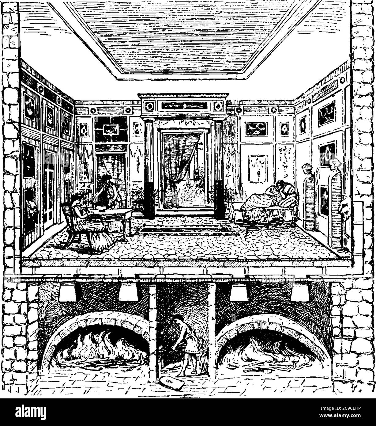 Une représentation typique du poêle du Moyen Age au sous-sol et peu de jeunes femmes faisant du travail dans le bâtiment, le dessin de ligne vintage ou engr Illustration de Vecteur Une représentation typique du poêle du Moyen Age au sous-sol et peu de jeunes femmes faisant du travail dans le bâtiment, le dessin de ligne vintage ou engr Illustration de Vecteur