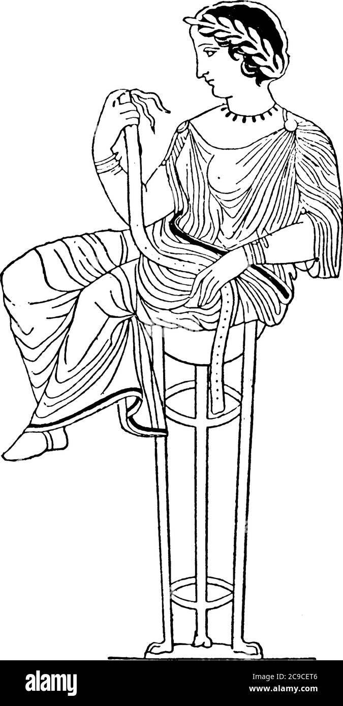 Pythia, la prêtresse d'Apollon à Delphes, assise sur un tabouret, dessin de ligne vintage ou illustration de gravure. Illustration de Vecteur