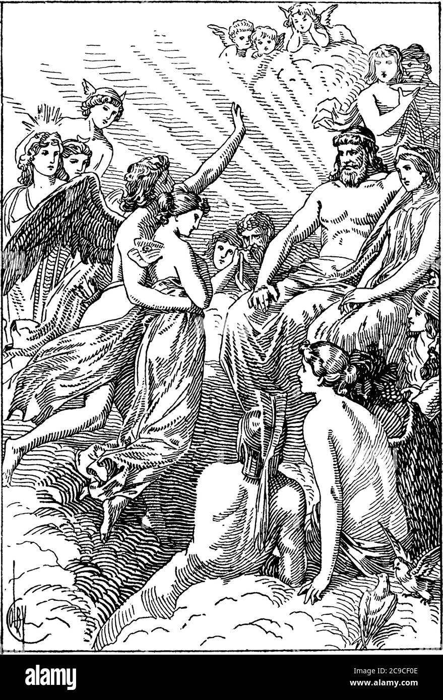 Dans la mythologie grecque, l'amour de Psych et Cupid, et leur Union ultime dans un mariage sacré, est écrit, montré ici sont les deux, sur le mont Olymp Illustration de Vecteur