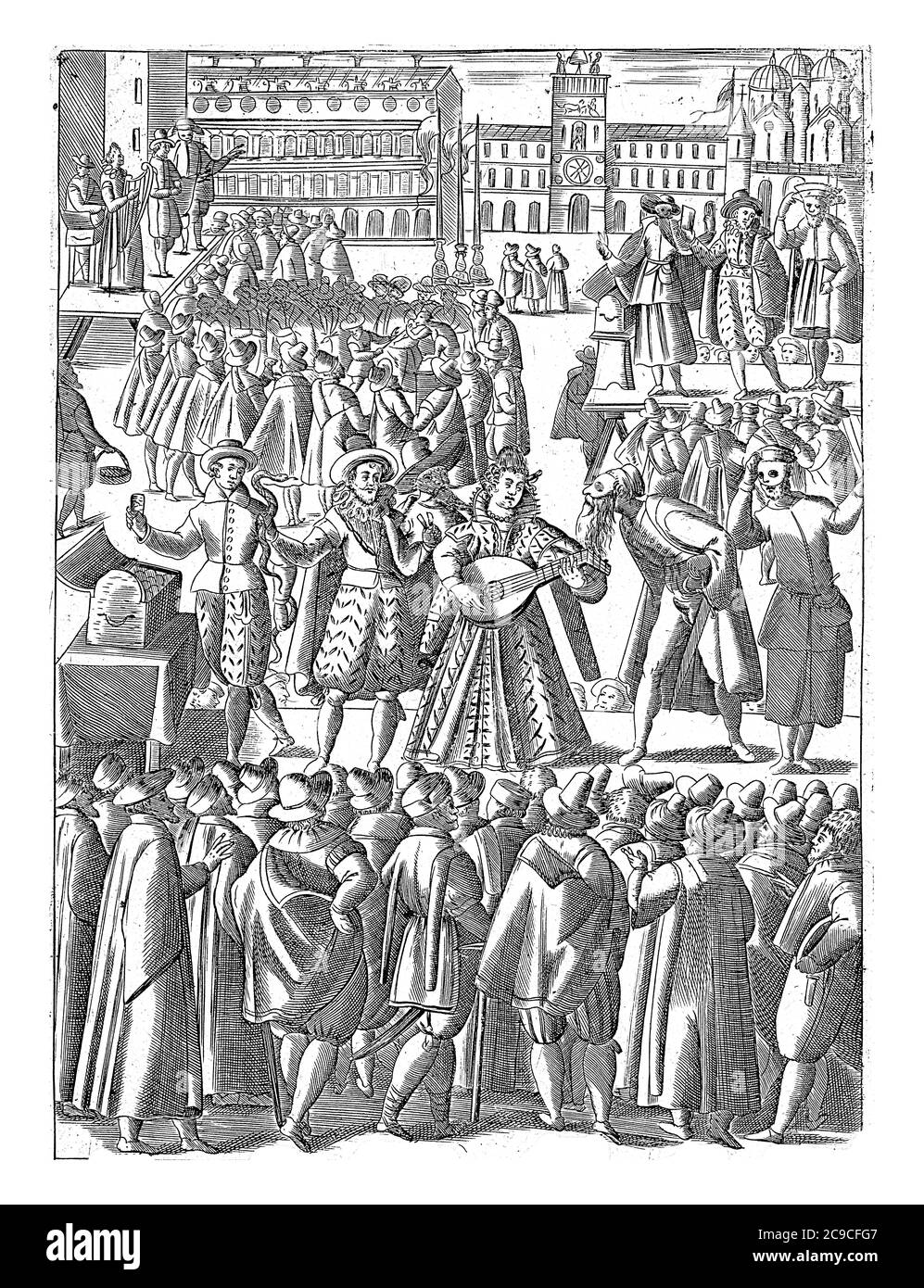 Sur la place Saint-Marc, un groupe d'étrangers se tient devant une scène avec musiciens, gravure vintage. Banque D'Images