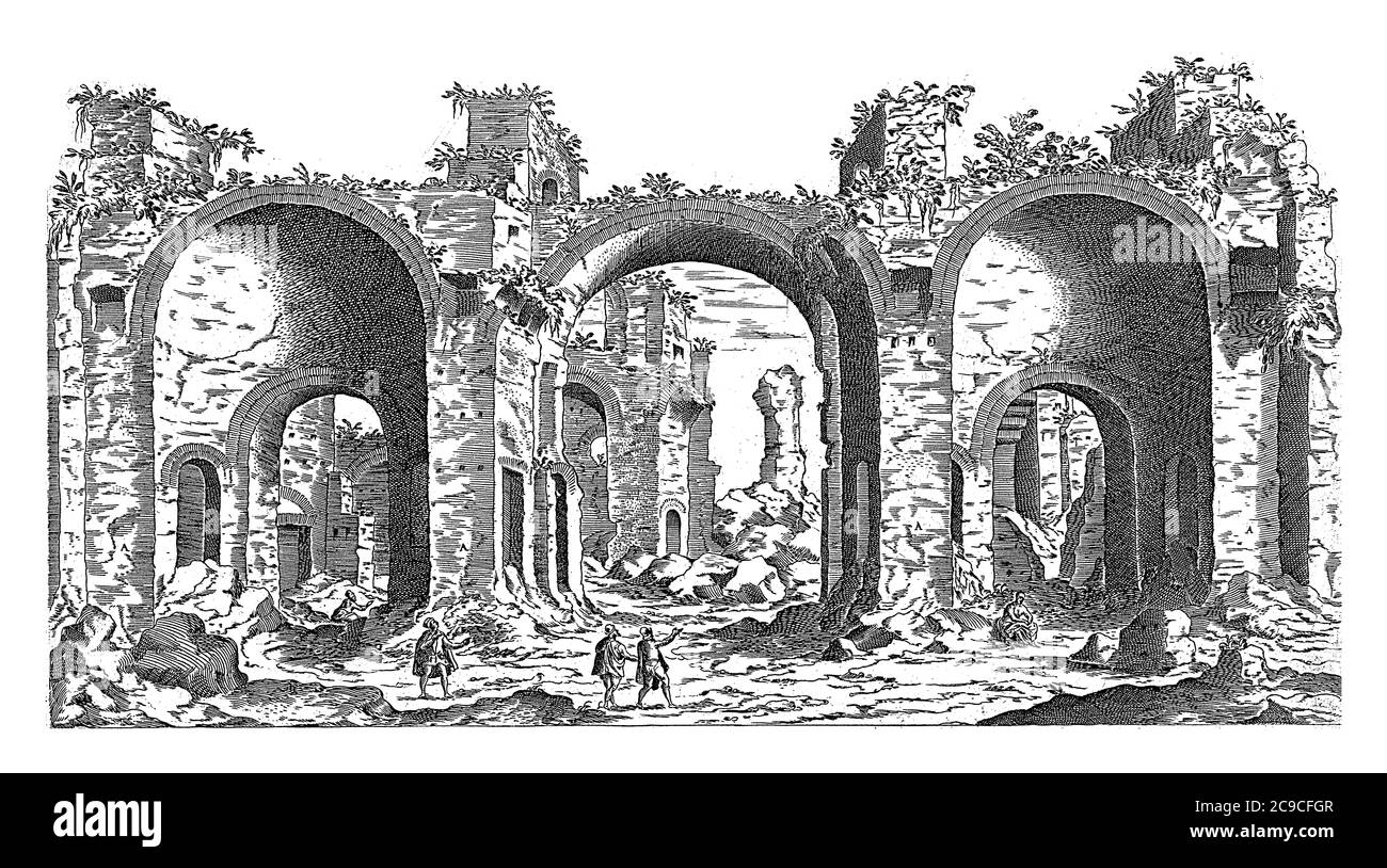 Ruines des thermes de Caracalla à Rome, Etienne Duperac, 1575 vue des ruines des thermes de Caracalla à Rome, gravure ancienne. Banque D'Images