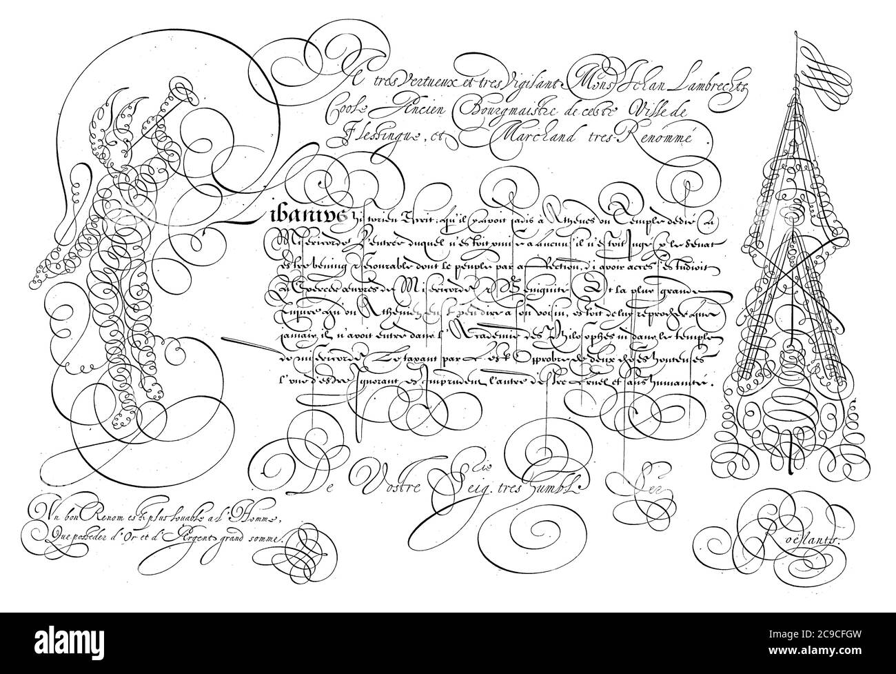 Exemple d'écriture avec huit lignes de texte en français, au-dessus d'un texte de trois lignes avec un dévouement à Jan Lambrechtsen Coolen. Le texte est flanqué de Banque D'Images Exemple d'écriture avec huit lignes de texte en français, au-dessus d'un texte de trois lignes avec un dévouement à Jan Lambrechtsen Coolen. Le texte est flanqué de Banque D'Images