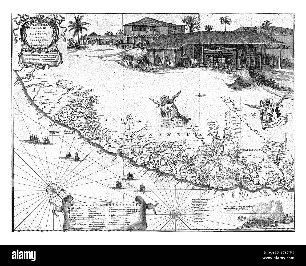 Carte de la côte de Pernambuco près de l'île d'Itamaraca. Avec scène de l'usine de sucre locale avec un moulin à eau avec la mer batailles avec le port Banque D'Images