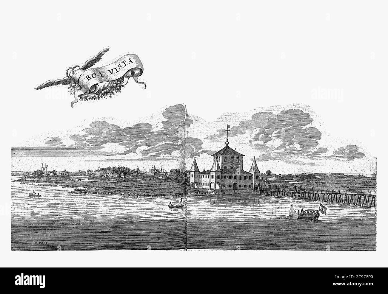 Vue de Boavista en Mauritanie, c. 1636-1644, vue de Boavista à Mauritsstad, c. 1636-1644. Dans l'air un groupe ailé avec le titre, gravi vintage Banque D'Images