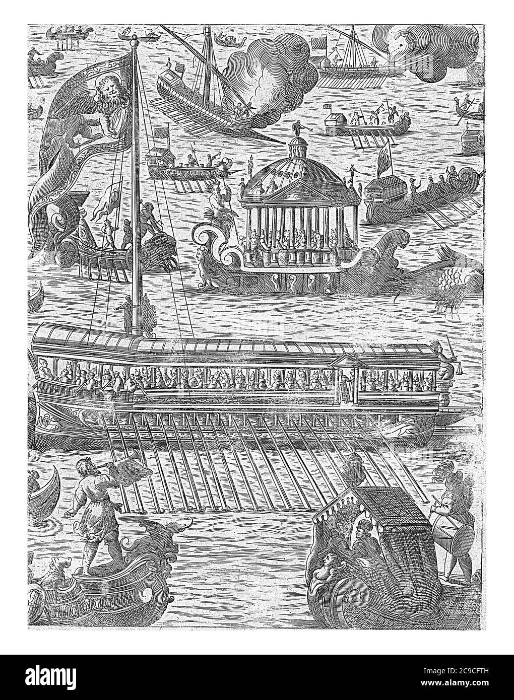 Plusieurs navires, dont le Bucintoro, la galère du doge, gravure ancienne. Banque D'Images