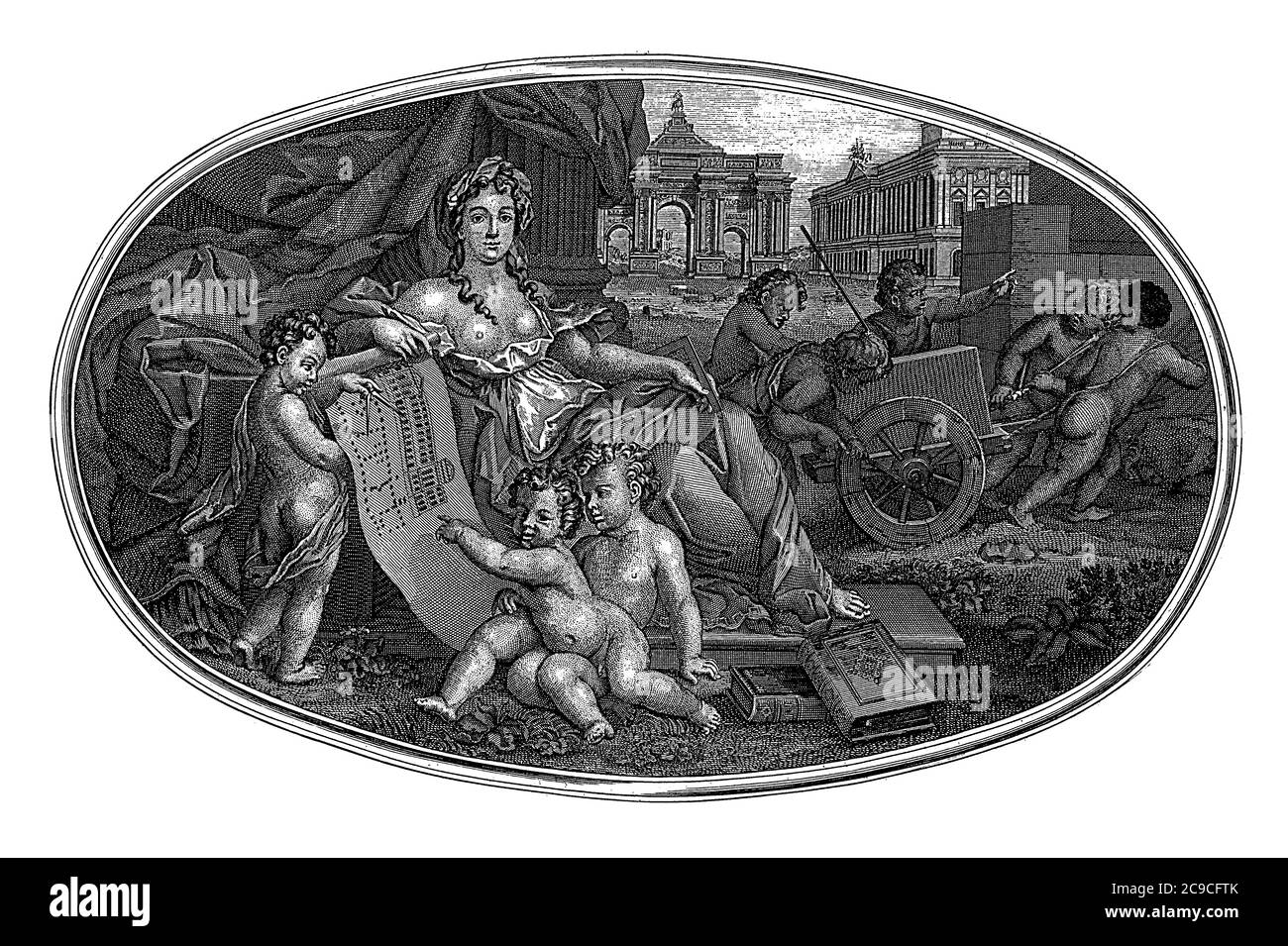 Pièce de plafond avec la personnification de l'architecture. Dans sa main elle tient un dessin de construction avec le trottoir et plan d'un bâtiment, vintage eng Banque D'Images