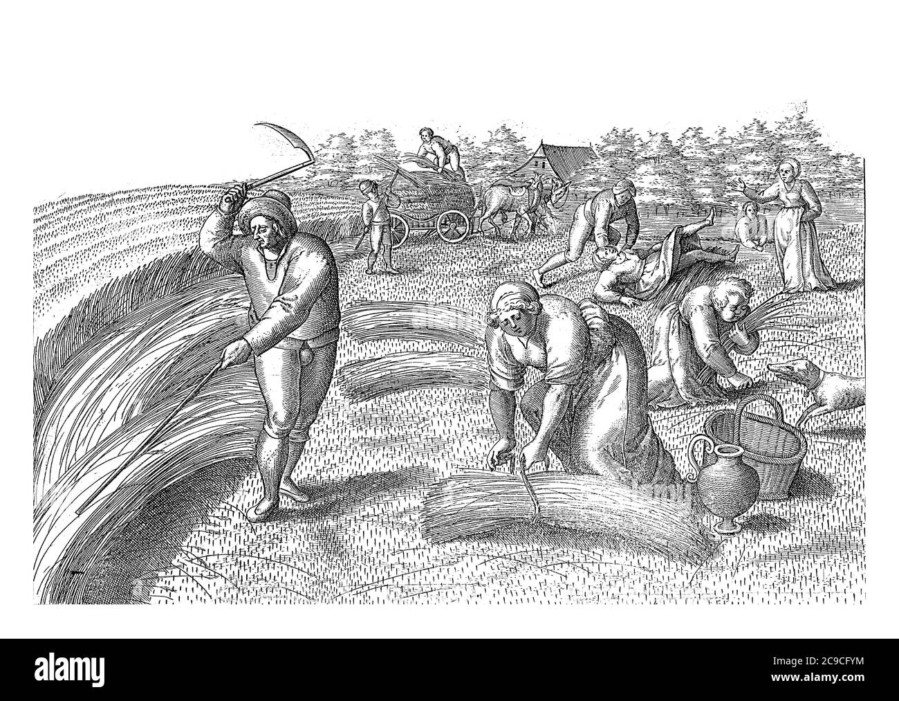 La récolte, hommes et femmes au travail sur le terrain. Ils apportent la récolte de la terre. En arrière-plan un couple roulant à travers le blé, vintag Banque D'Images La récolte, hommes et femmes au travail sur le terrain. Ils apportent la récolte de la terre. En arrière-plan un couple roulant à travers le blé, vintag Banque D'Images