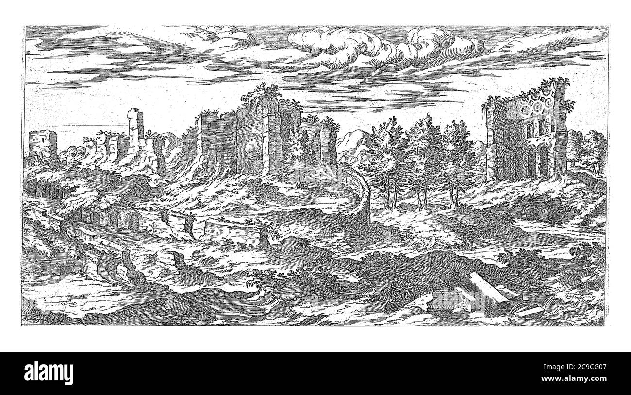 Ruines des thermes de Trajan à Rome, Etienne Duperac, 1575 vue des ruines des thermes de Trajan à Rome, gravure ancienne. Banque D'Images
