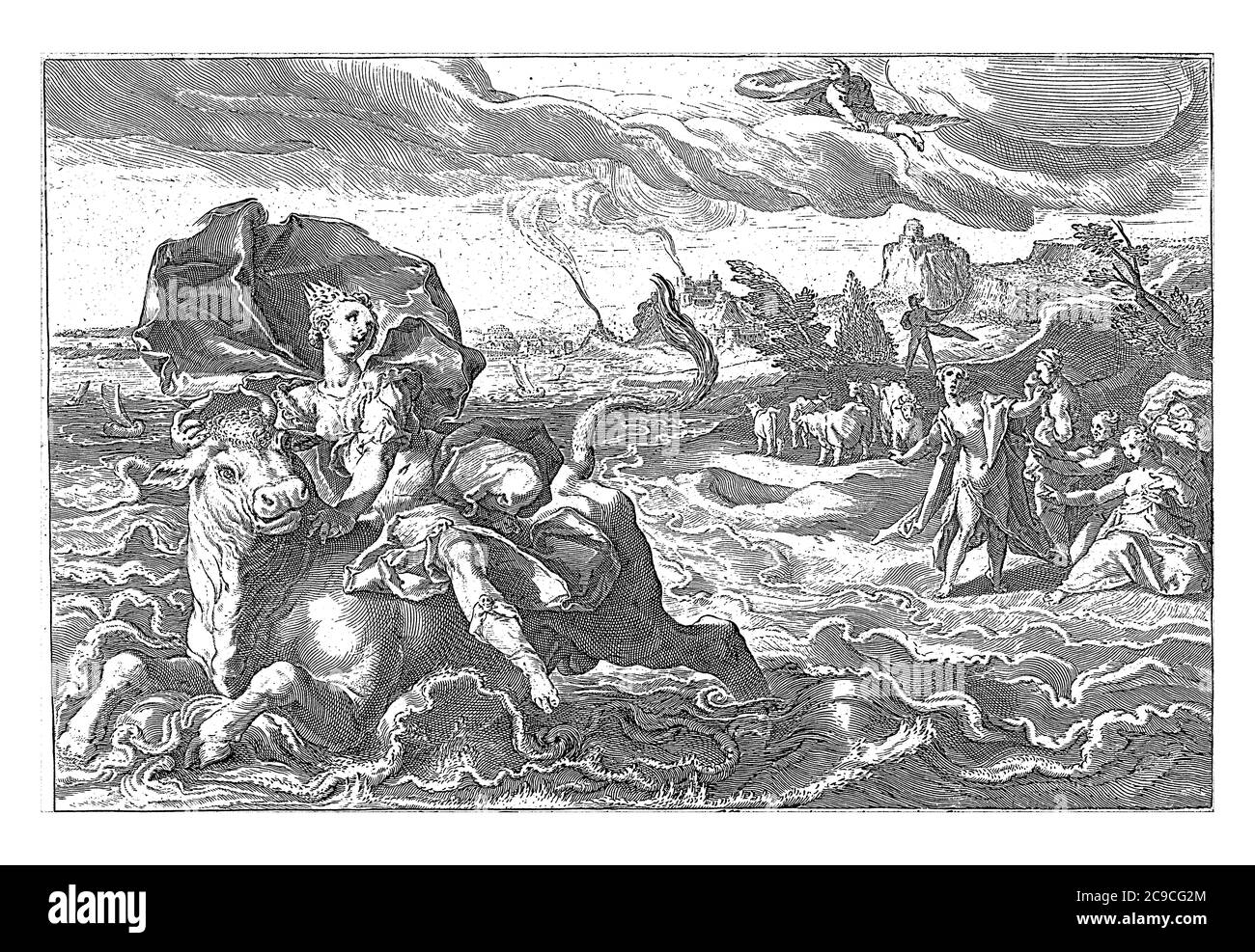 L'Europe est emportée par Jupiter sous la forme d'un taureau au-dessus de la mer. A droite les serviteurs de l'Europe désespérément sur la plage, gravv vintage Banque D'Images