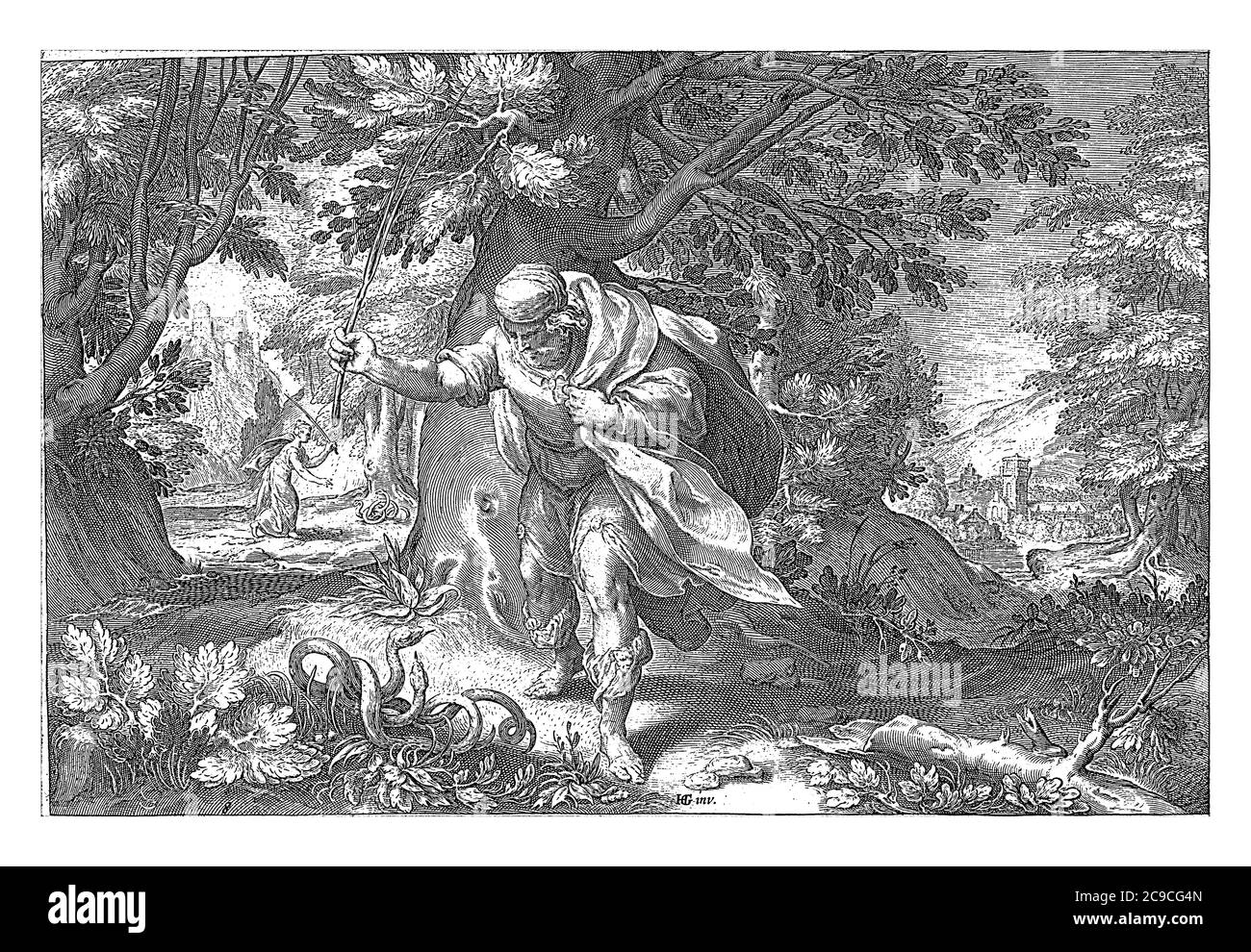 Tiresias frappe deux serpents dans une forêt. Puis il se transforme en femme, gravure vintage. Banque D'Images