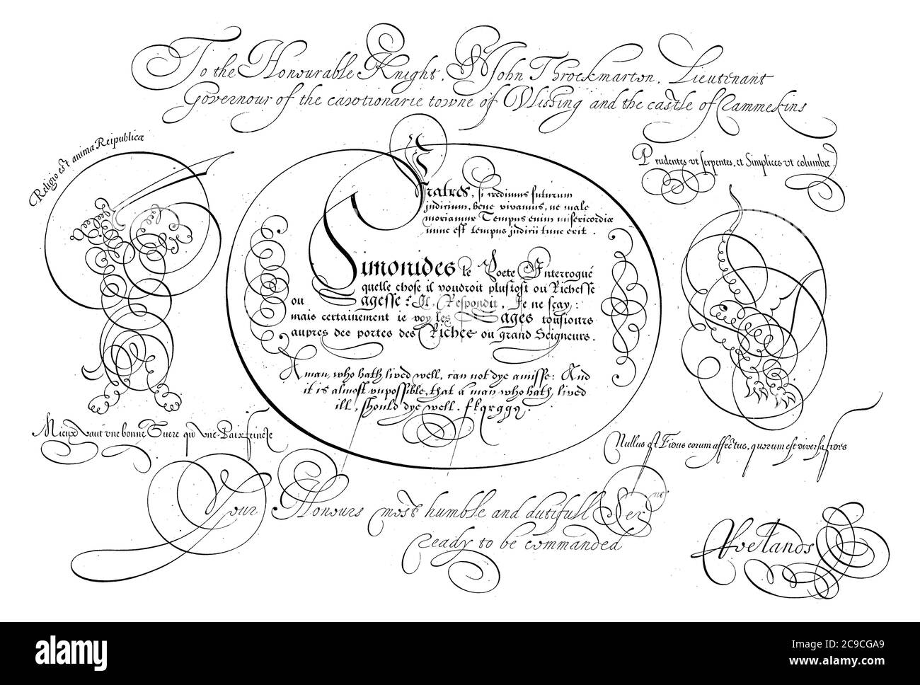 Exemple d'écriture avec des textes en latin, en français et en anglais : un homme qui a bien vécu, au-dessus d'un texte de deux lignes avec une commande à Sir John Throckmorton Banque D'Images Exemple d'écriture avec des textes en latin, en français et en anglais : un homme qui a bien vécu, au-dessus d'un texte de deux lignes avec une commande à Sir John Throckmorton Banque D'Images