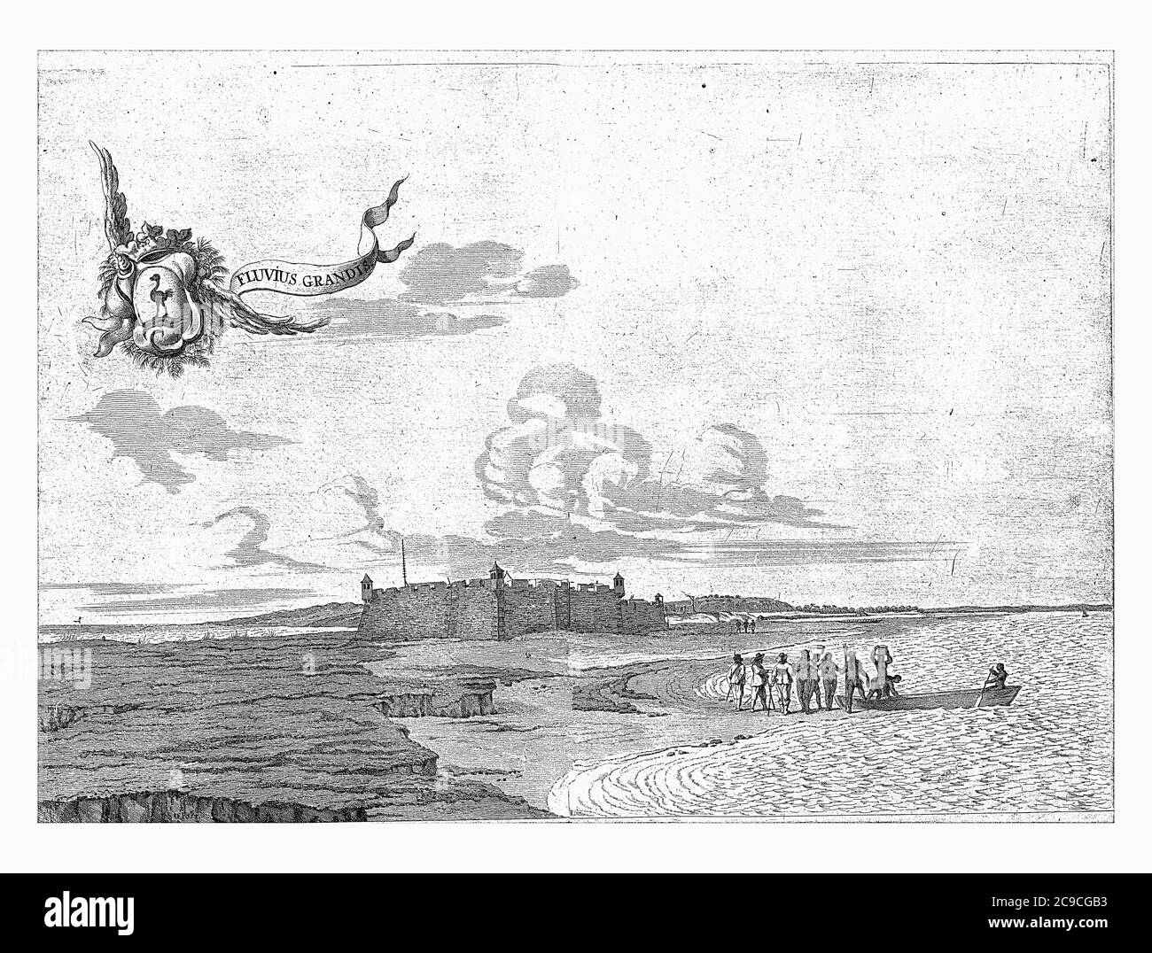 Vue sur le fort Ceulen à l'embouchure de la rivière, c. 1636-1644. Au premier plan, quelques Hollandais et des membres de la population locale près d'un bateau, vint Banque D'Images