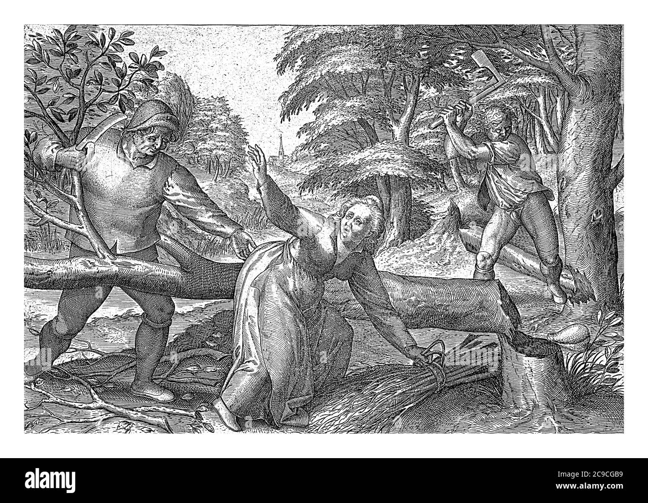 Exploration de la forêt, hommes et femmes sont occupés à couper les arbres et à lier les branches. Ils rendent la zone adaptée à l'agriculture, vintage en Banque D'Images