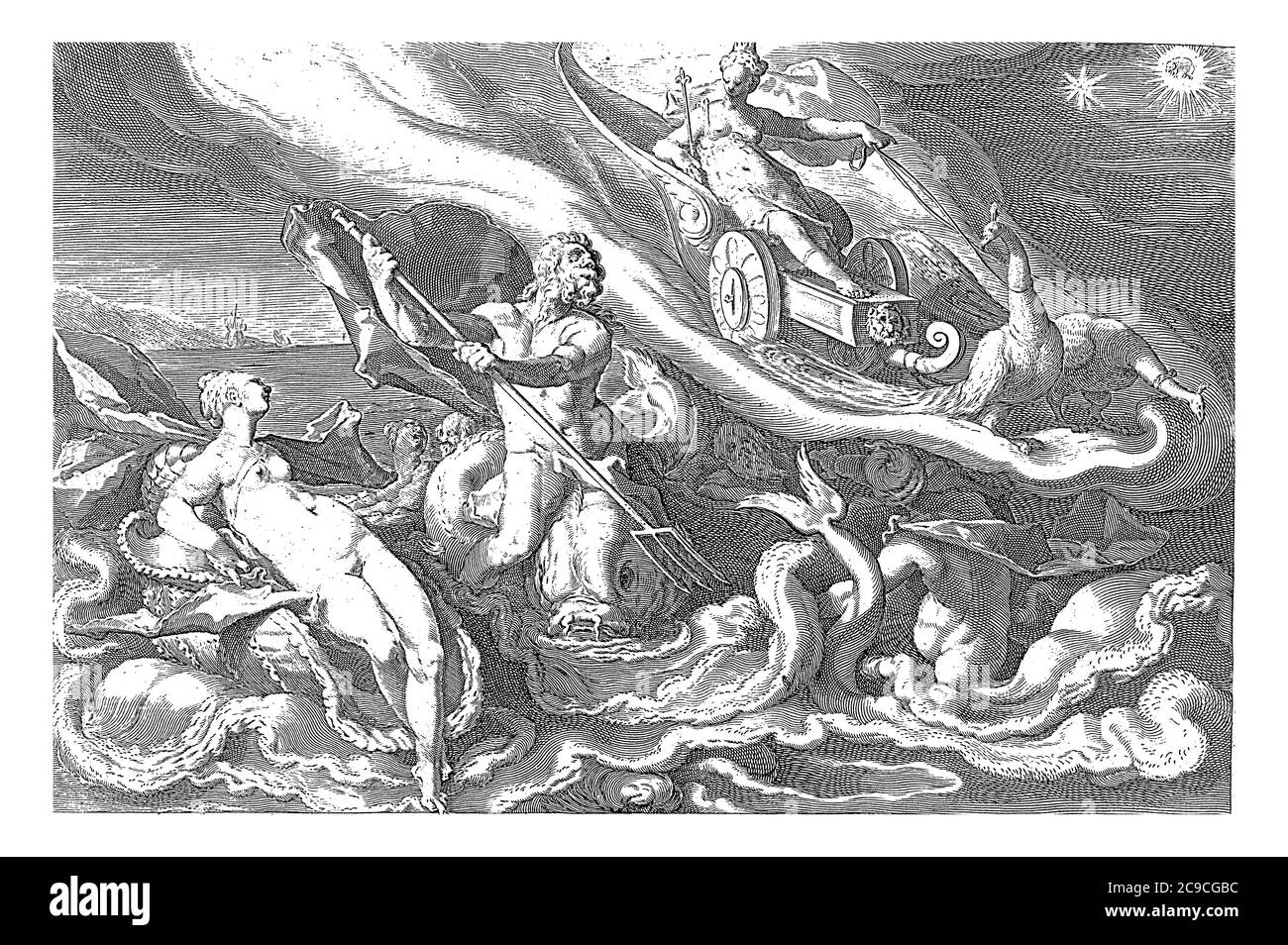 Juno arrive sur son char tiré par deux paons aux dieux de la mer Thetis et Oceanus, gravure vintage. Banque D'Images