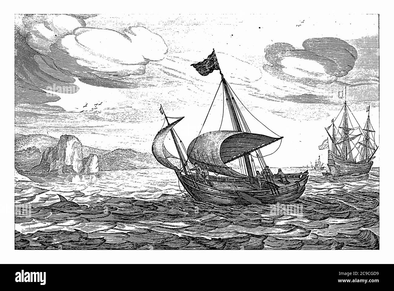 Dogger ou botte de chien, Robert de Baudous (peut-être), après Jan Porcellis, 1670 - 1726 UN botte de chien ou botte de chien sur l'eau, gravure ancienne. Banque D'Images