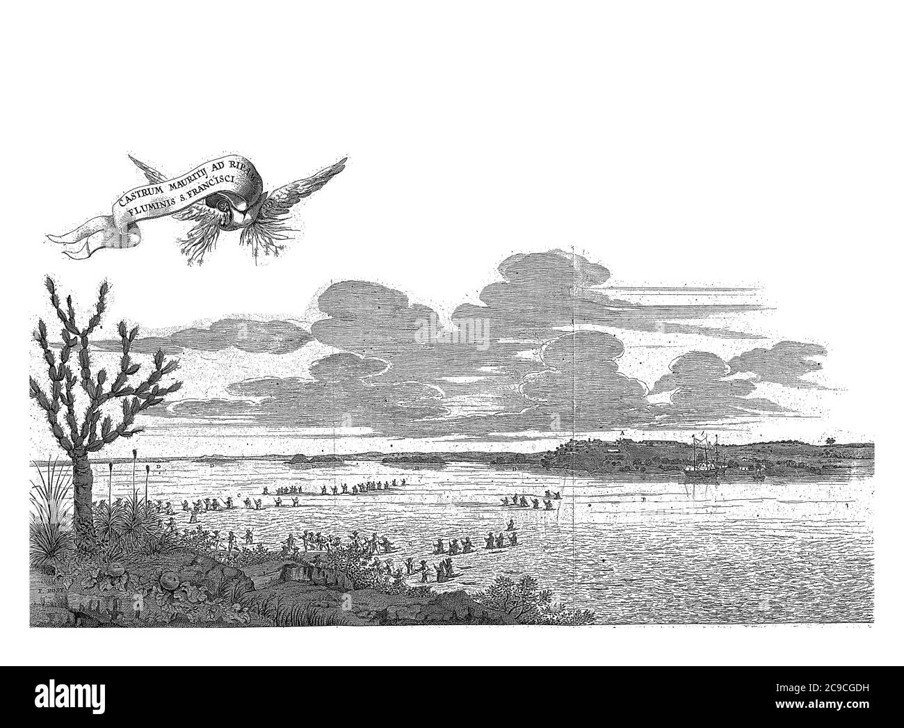 Vue sur Mauritsstad, 1637, vue sur Mauritsstad situé sur la rivière Rio Sao Francisco. Dans l'air un groupe volant avec le titre, gravure vintage. Banque D'Images
