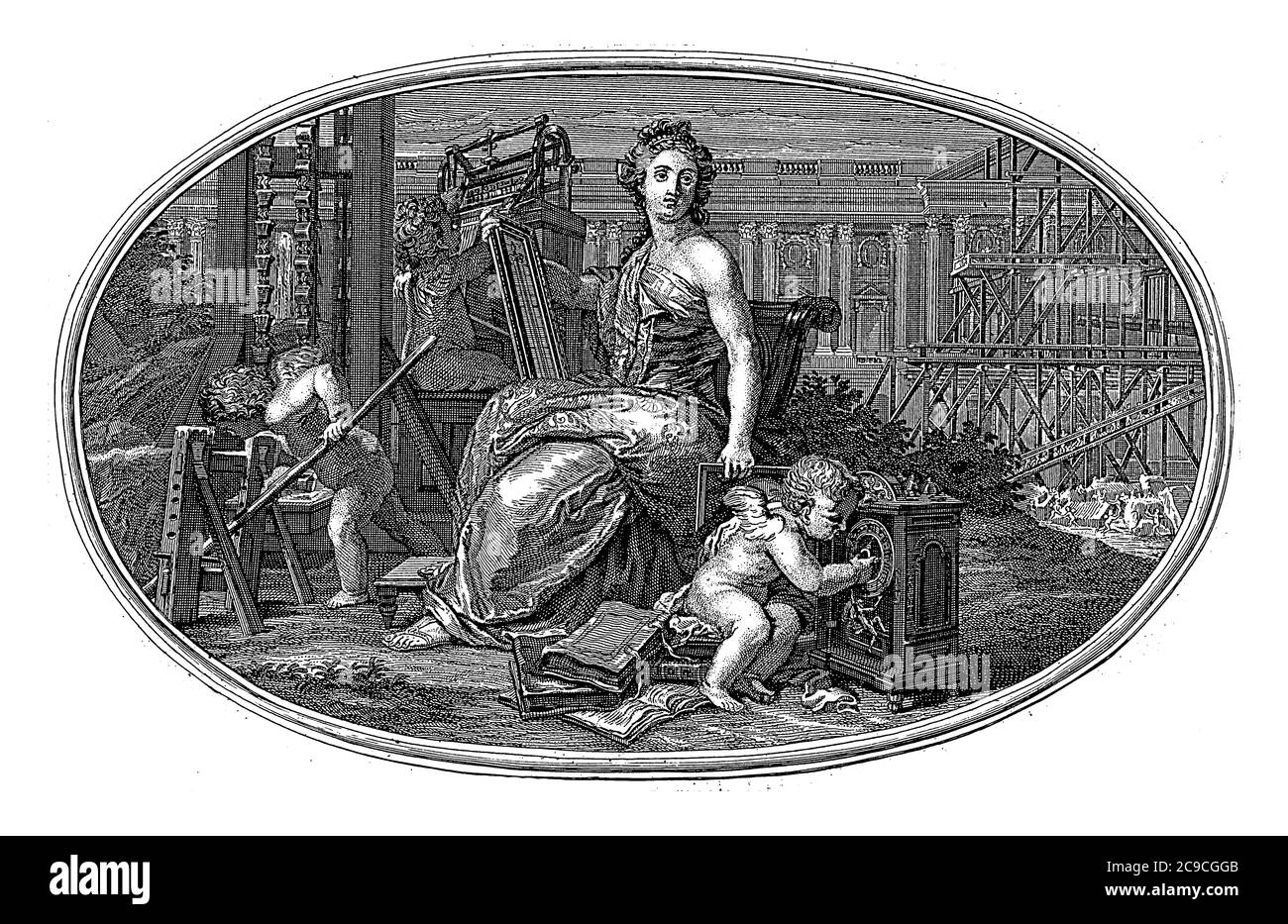 Pièce de plafond avec la personnification de mécanique. Elle est assise avec un yardstick au milieu des constructions et des activités de construction, vintage eng Banque D'Images Pièce de plafond avec la personnification de mécanique. Elle est assise avec un yardstick au milieu des constructions et des activités de construction, vintage eng Banque D'Images