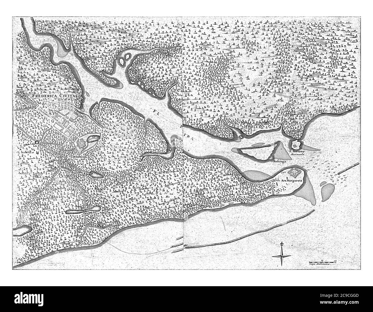 Carte des forts à l'embouchure de la rivière Paraiba, c. 1636-1644, carte des forts à l'embouchure de la rivière Paraiba, c. 1636-1644, gravure ancienne. Banque D'Images