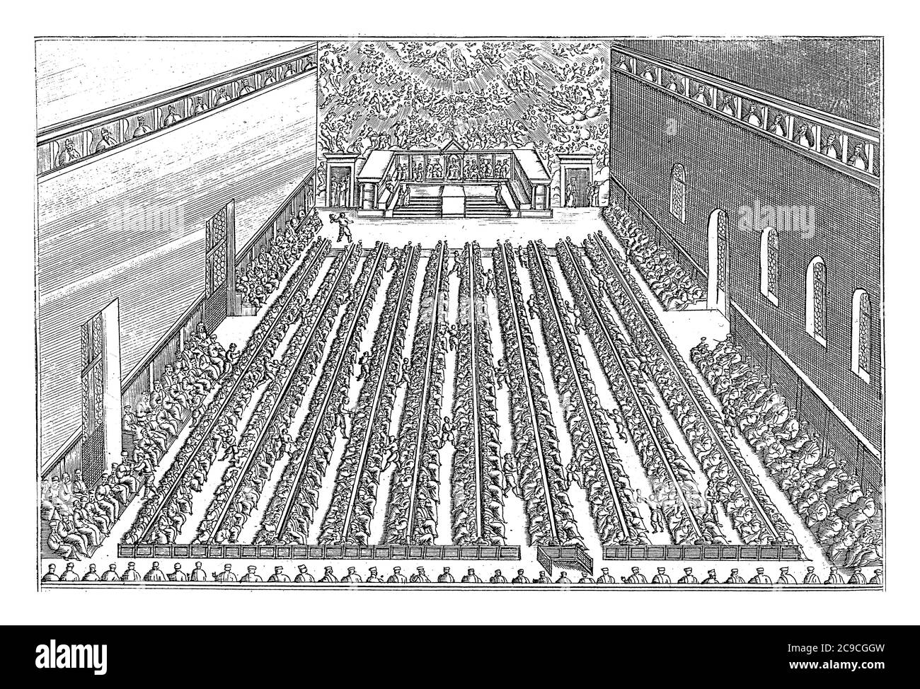 Intérieur de la Sala del Maggior Consiglio dans le Palais des Doges à Venise. Le Doge de Venise est à l'arrière et dirige une réunion, gravure vintage. Banque D'Images