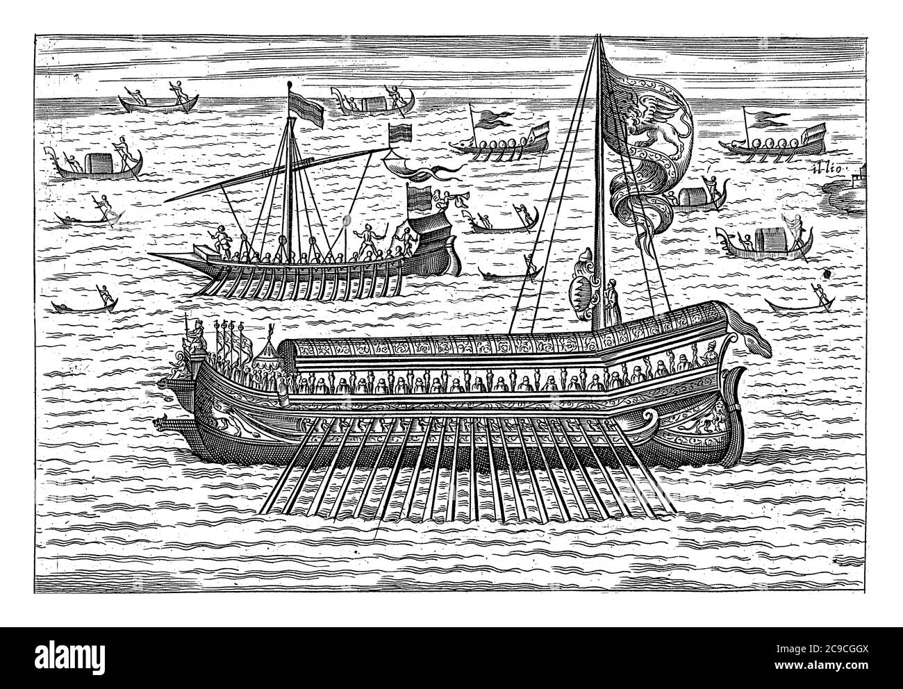 Bucintoro et autres navires à Venise, anonyme, 1610 plusieurs navires sur l'eau, y compris le Bucintoro, la galère des doges, gravure ancienne. Banque D'Images