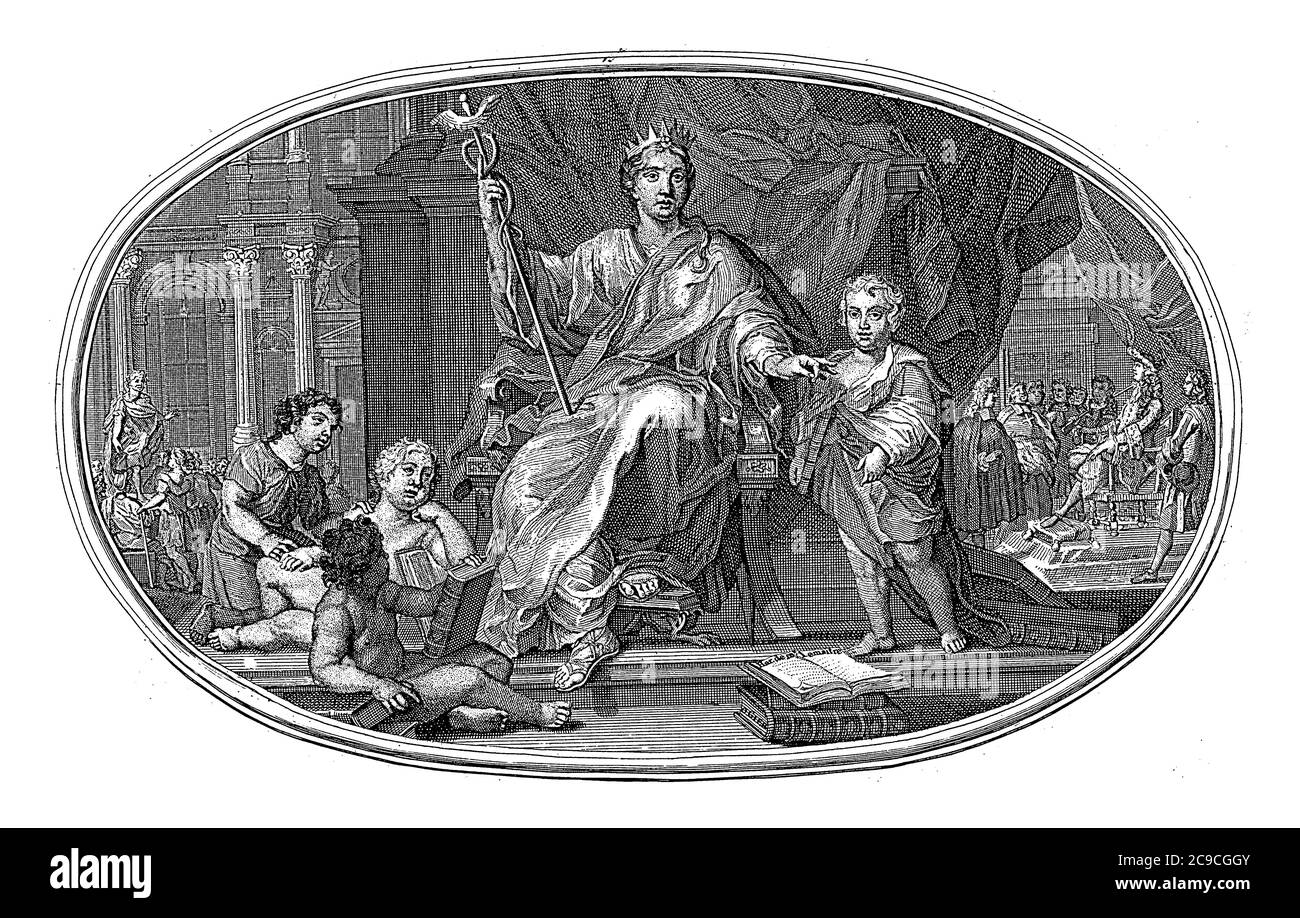 Pièce de plafond avec Eloquence personnifiée, assise sur un trône avec le personnel en main et la couronne sur la tête, gravure vintage. Banque D'Images