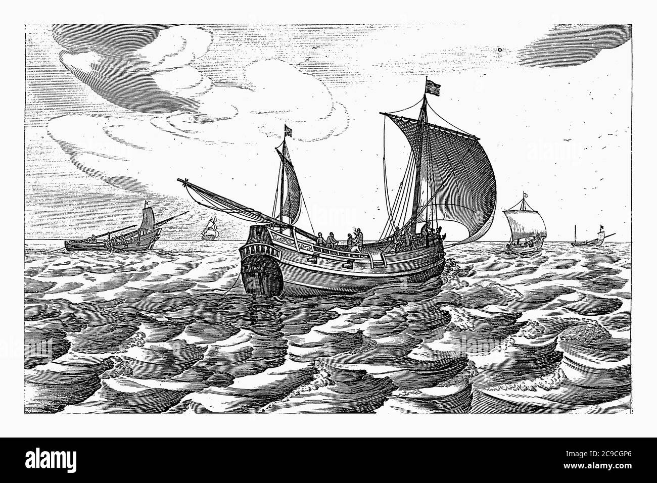 Harengs tubes, Robert de Baudous (éventuellement), après Jan Porcellis, 1670 - 1726 Herring tubes pêche en mer, gravure vintage. Banque D'Images