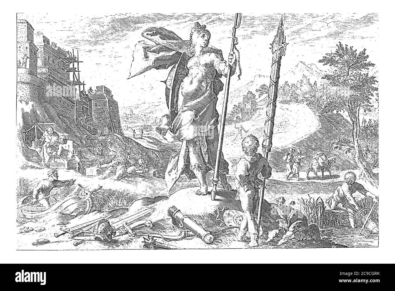 Âge de bronze, représentant la vie pendant l'âge de bronze, qui était plus rugueux dans la nature et préparé pour le combat plus rapide que dans l'âge d'argent, gravure vintage Banque D'Images