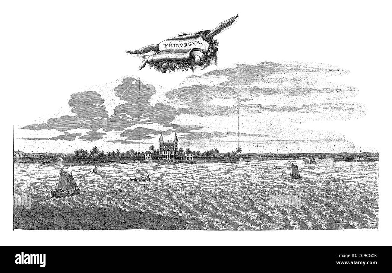 Vue sur le palais de Vrijburg, c. 1636-1644, vue du palais de Vrijburg en Mauritanie, c. 1636-1644. Dans l'air un groupe ailé avec le titre, gravvin vintage Banque D'Images