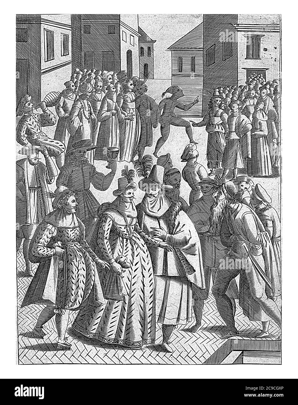 Carnaval à Venise, anonyme, 1610 hommes et femmes masqués dans la rue à Venise pendant le Carnaval, gravure vintage. Banque D'Images