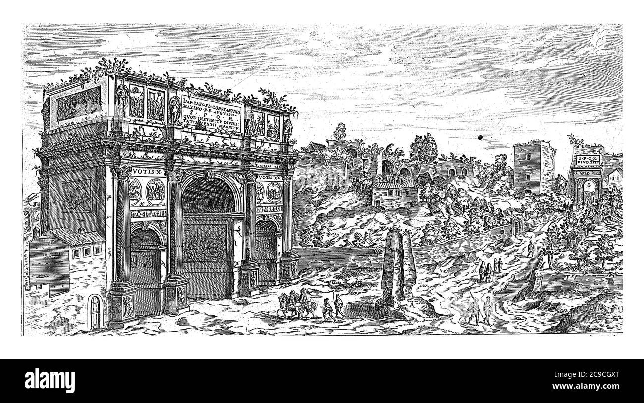 Arc de Constantine à Rome, Etienne Duperac, 1575 vue de l'Arc de Constantine à Rome. En arrière-plan sur la droite l'Arche de Titus, vintage Banque D'Images