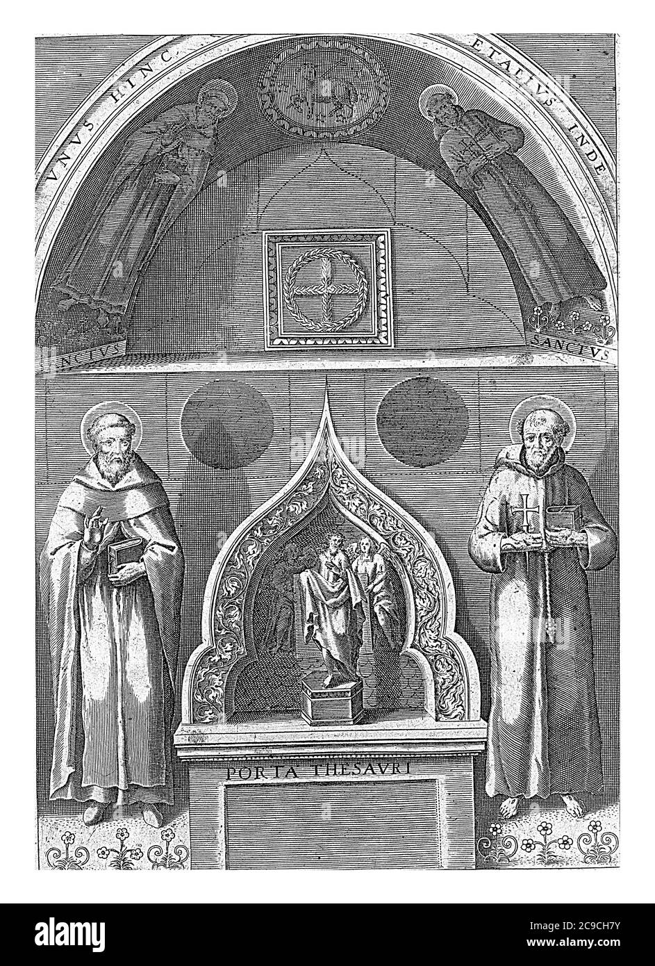 Une niche à gauche et à droite, Saint Francis et Saint Dominic. Milieu sous Christ avec des anges, gravure vintage. Banque D'Images